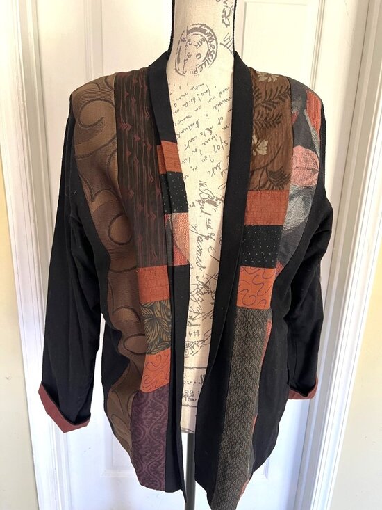 Anna Brown Jackets & Blazers - Anna Brown Open Blazer Jacket Patchwork Quilt Art to Wear Casual Neutral Small